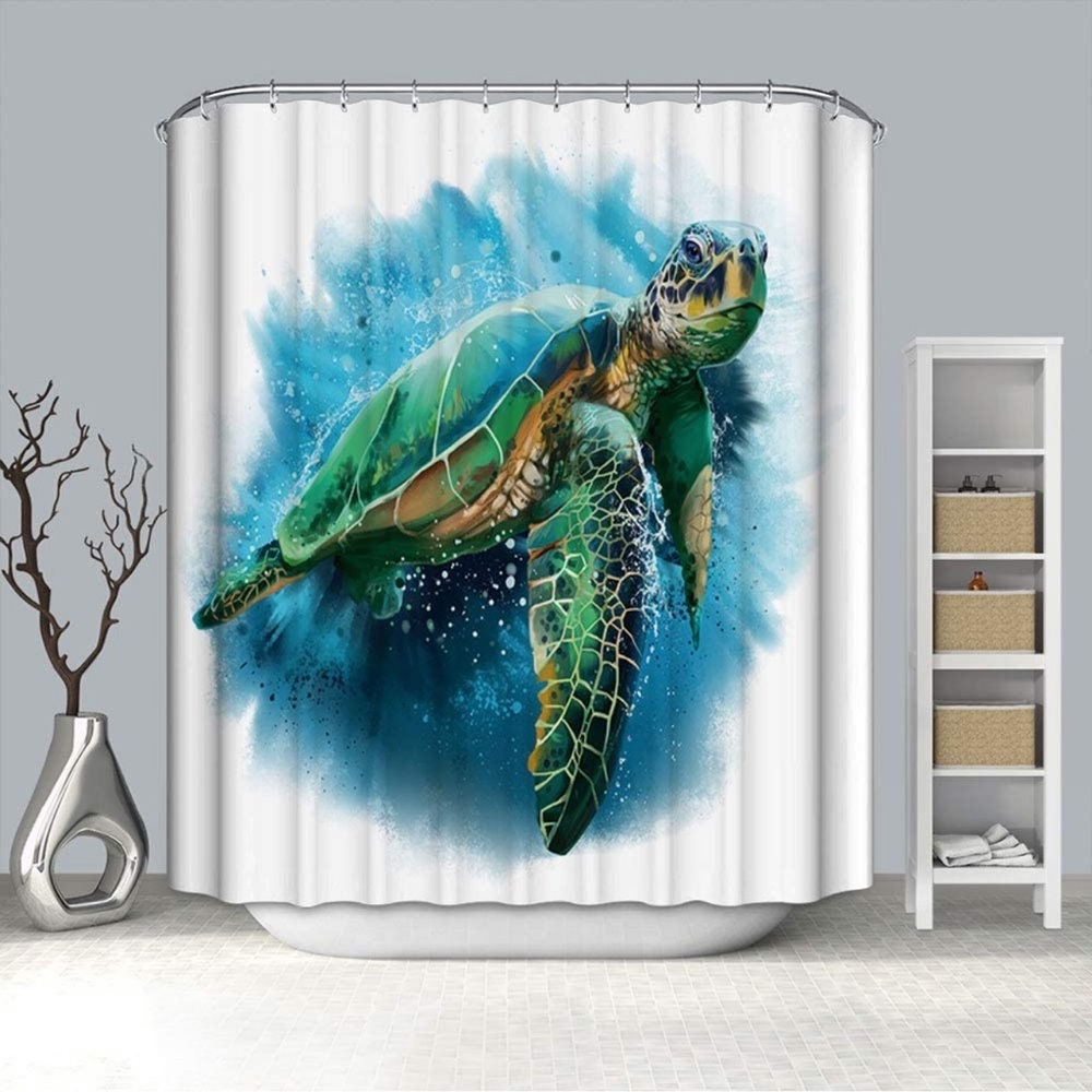 Fabric Shower Curtain Vivid Sea Turtle Teal Back Watercolor Curtain 72” x 72”